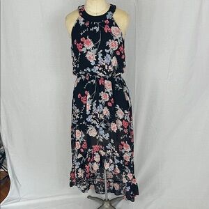 Elle Floral Halter Asymmetrical Dress - Black and Pink Size Small